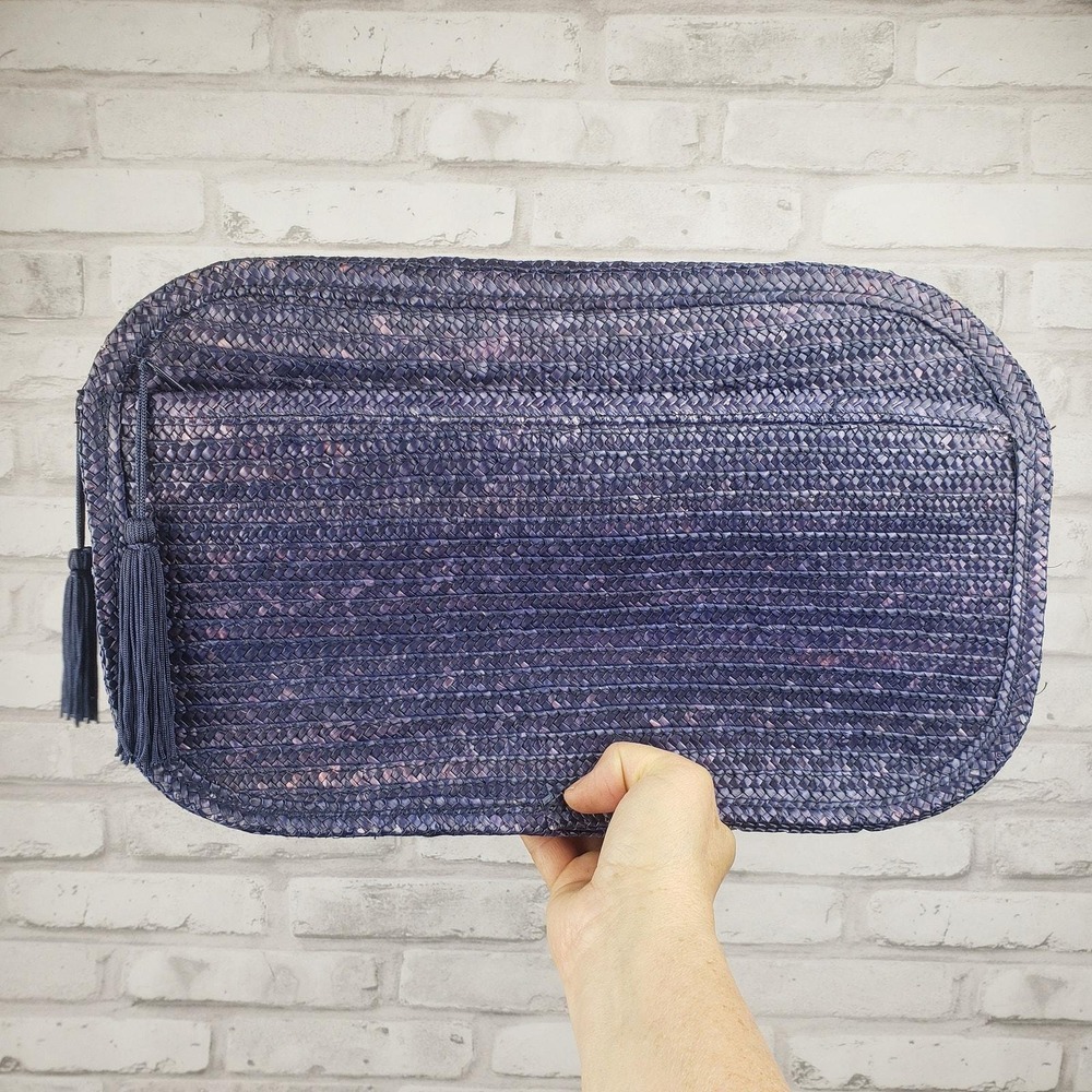 Vintage Jeffrey Lawrence oversized navy blue straw clutch bag purse minimalist